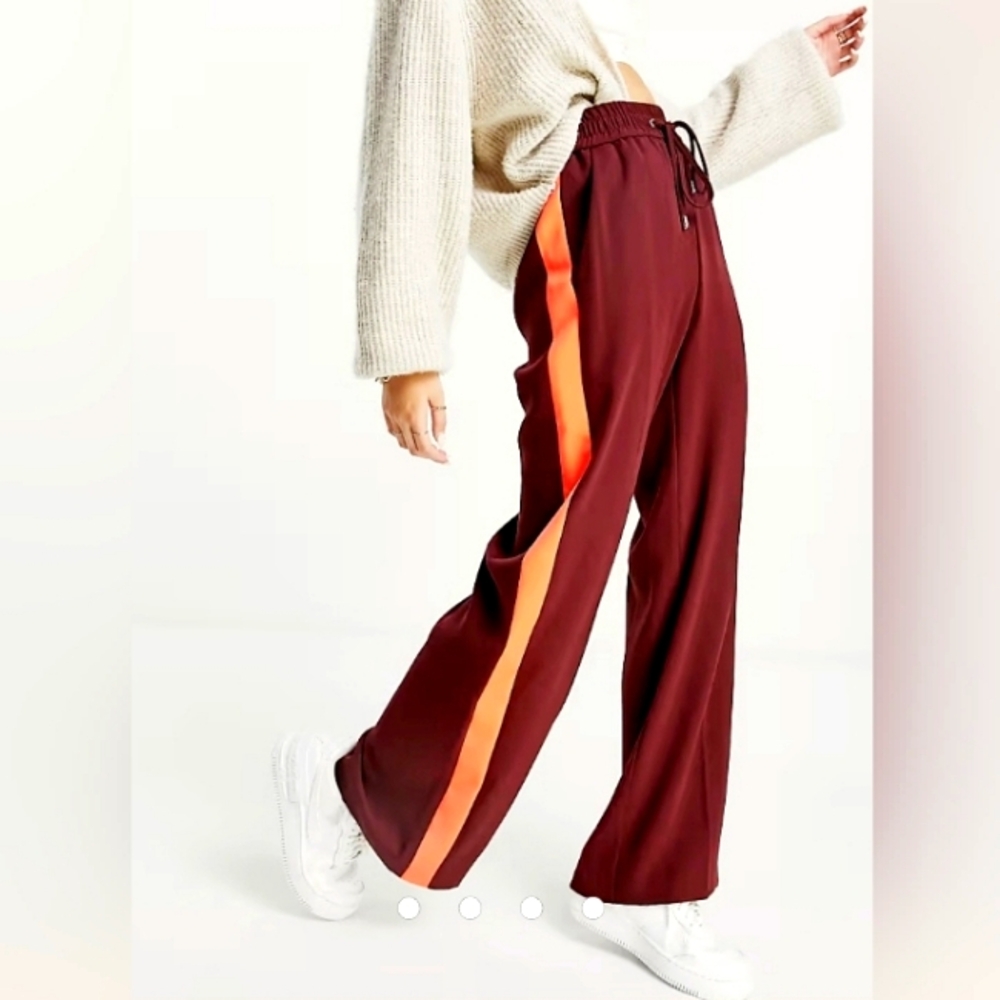 River Island tailored wide leg side stripe high waisted pants in dark red